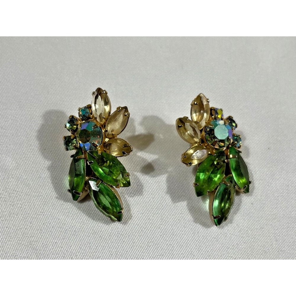 Vintage Green Rhinestone Clip On Earrings AB Crystal Floral Leaf Whimsygoth MCM